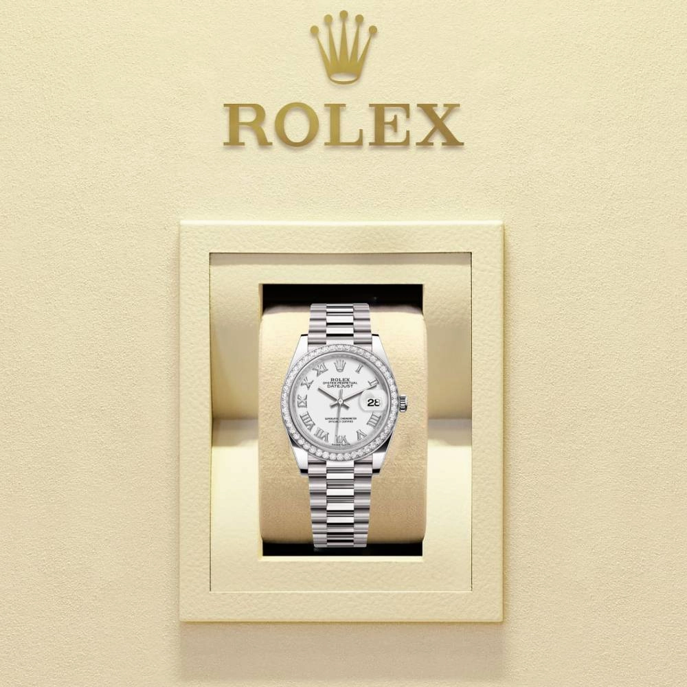 Rolex Lady-Datejust 28mm - Ref: 279136RBR wrp - White Roman Dial & Diamond Bezel, Platinum Presidential Bracelet Women's Watch