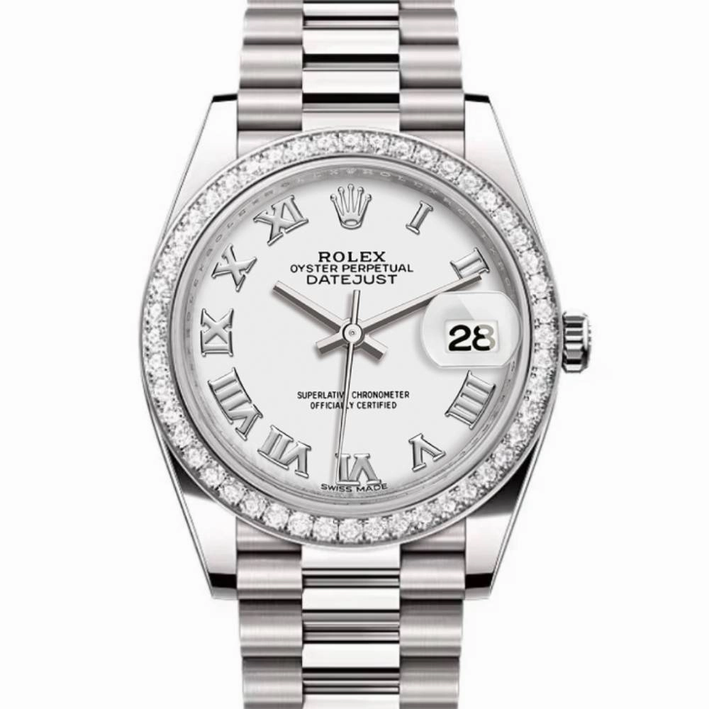 Rolex Lady-Datejust 28mm - Ref: 279136RBR wrp - White Roman Dial & Diamond Bezel, Platinum Presidential Bracelet Women's Watch