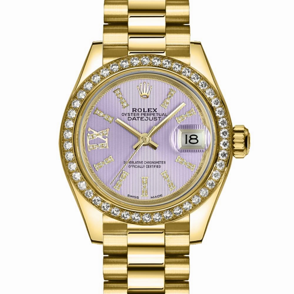 Rolex Lady Datejust 28mm - Ref: 279138rbr-0010 - Purple Dial, 18K Yellow Gold President Bracelet Women's Watch