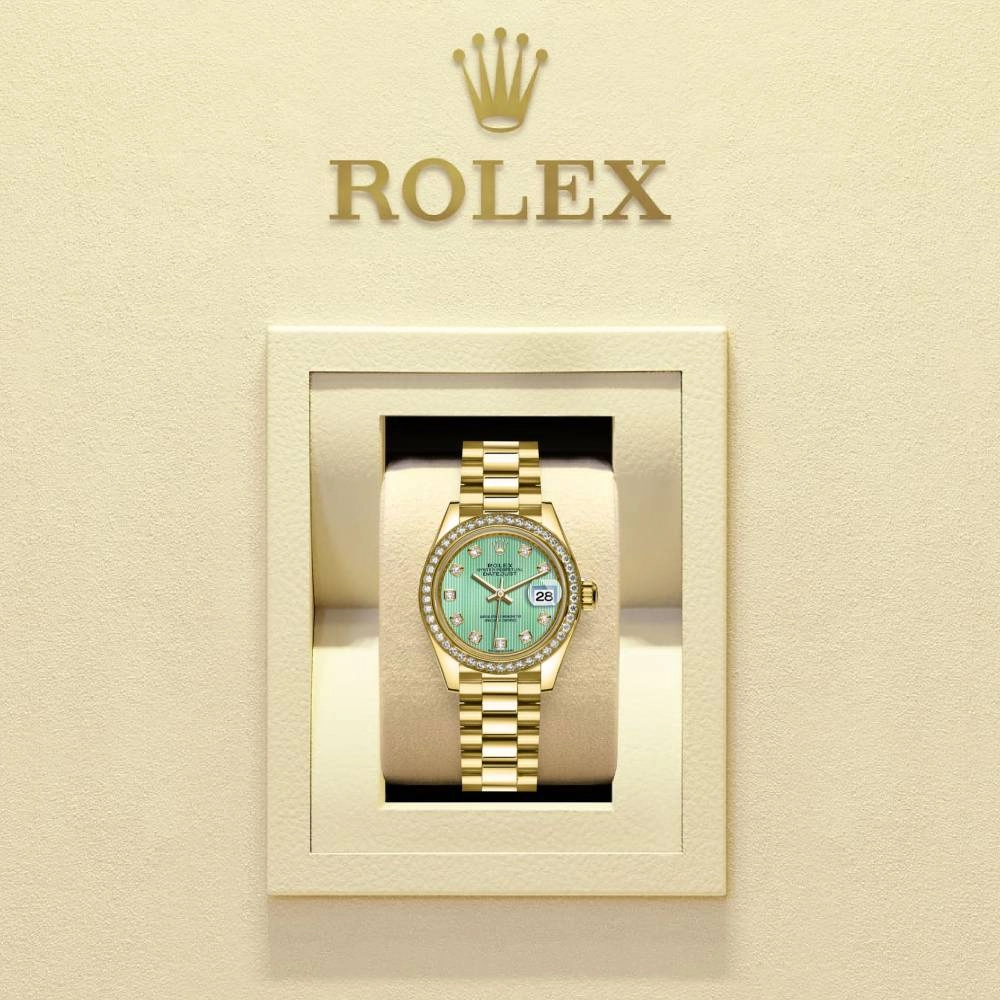 Rolex Lady Datejust 28mm - Ref: 279138rbr-0025 - Green Dial, 18K Yellow Gold President Bracelet Women's Watch