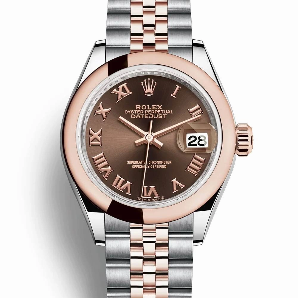 Rolex Lady-Datejust 28mm - Ref: 279161-0009 - Chocolate Roman Dial, Two Tone Stainless Steel & 18K Rose Gold Jubilee Bracelet Women's Watch