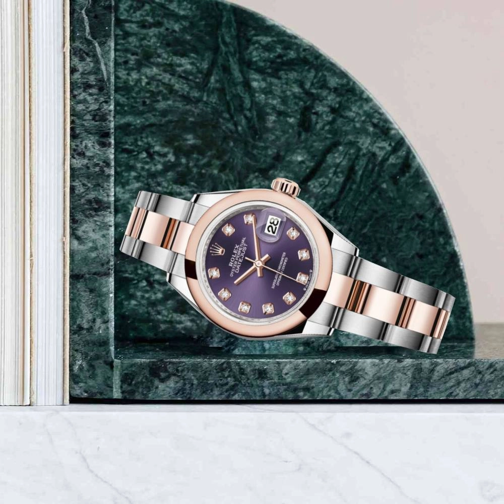 Rolex Lady-Datejust 28mm - Ref: 279161-0016 - Aubergine Purple Diamond Dial, Two Tone Stainless Steel & 18K Rose Gold Oyster Bracelet Women's Watch