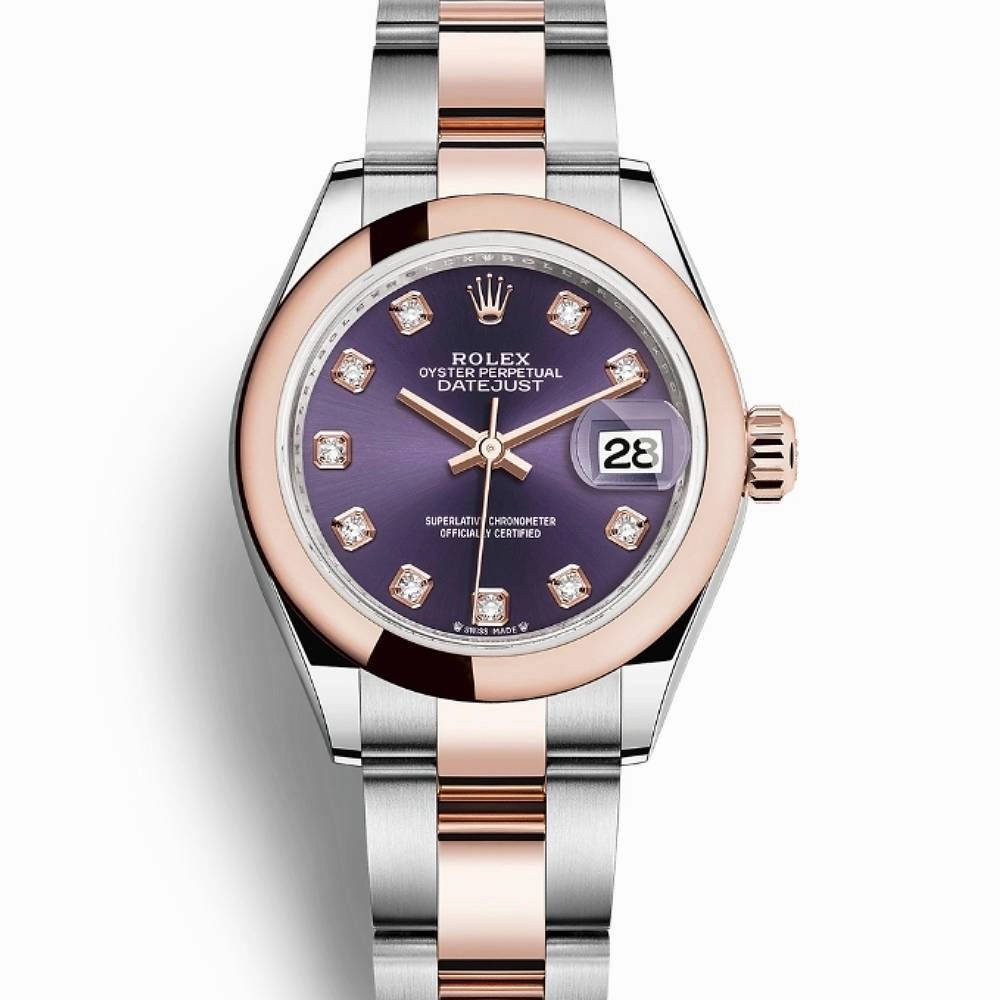 Rolex Lady-Datejust 28mm - Ref: 279161-0016 - Aubergine Purple Diamond Dial, Two Tone Stainless Steel & 18K Rose Gold Oyster Bracelet Women's Watch