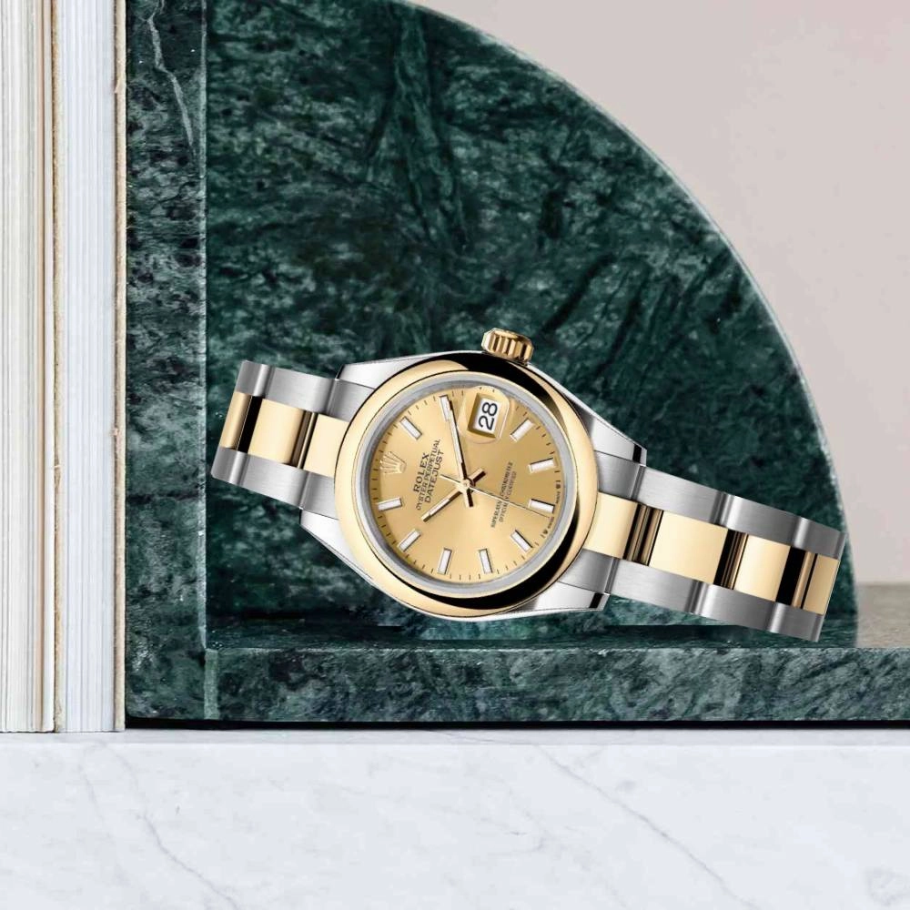 Rolex Lady-Datejust 28mm - Ref: 279163-0002 - Champagne Stick Dial, Two Tone Stainless Steel & 18K Yellow Gold Oyster Bracelet Women's Watch