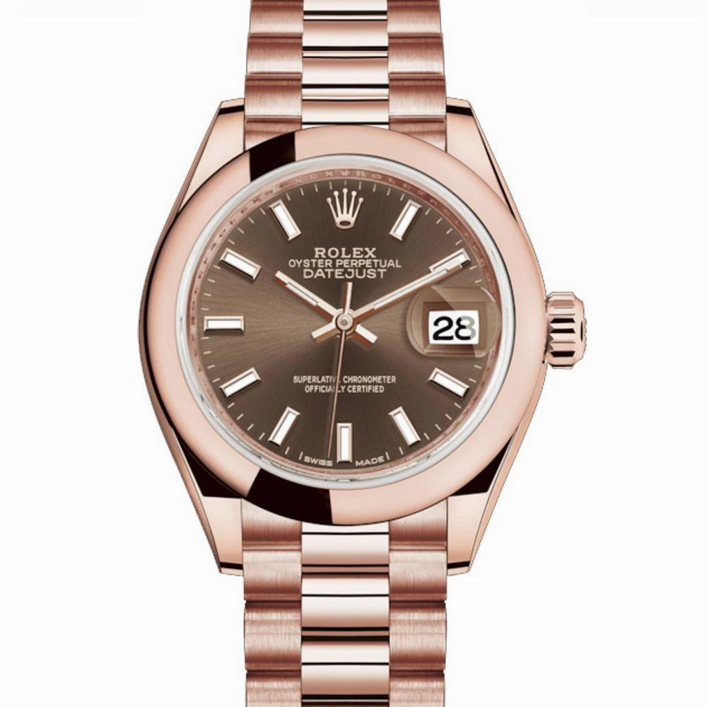 Rolex Lady Datejust 28mm - Ref: 279165-0007 - Chocolate Dial, 18K Rose Gold President Bracelet Women's Watch