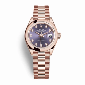 Rolex Lady-Datejust 28mm - Ref: 279165-0019 - Aubergine Purple Diamond Dial, 18K Rose Gold President Bracelet Women's Watch