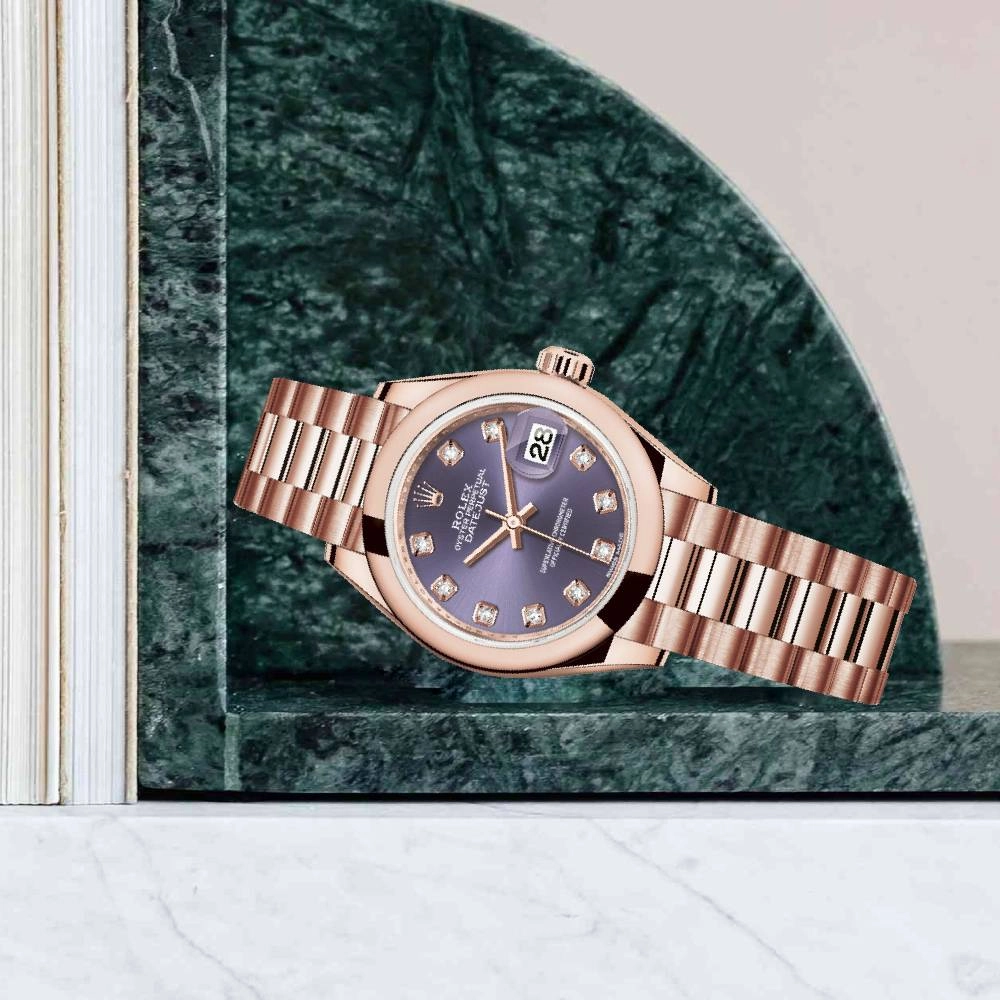 Rolex Lady-Datejust 28mm - Ref: 279165-0019 - Aubergine Purple Diamond Dial, 18K Rose Gold President Bracelet Women's Watch