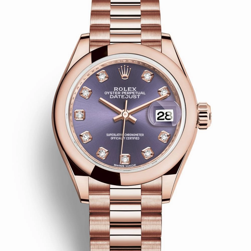 Rolex Lady-Datejust 28mm - Ref: 279165-0019 - Aubergine Purple Diamond Dial, 18K Rose Gold President Bracelet Women's Watch