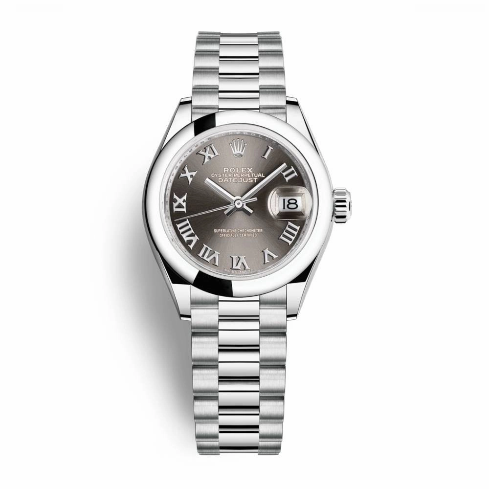 Rolex Lady-Datejust 28mm - Ref: 279166-0010 - Grey Roman Dial, Platinum Presidential Bracelet Women's Watch