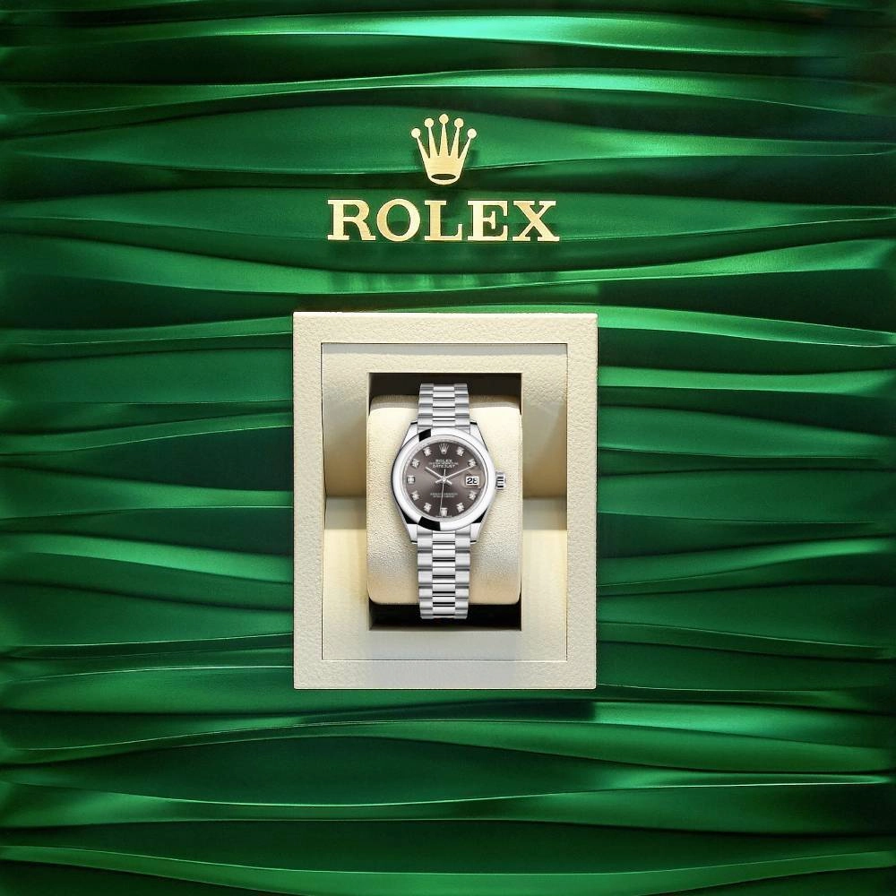 Rolex Lady-Datejust 28mm - Ref: 279166-0011 - Dark Grey Diamond Dial, Platinum President Bracelet Women's Watch