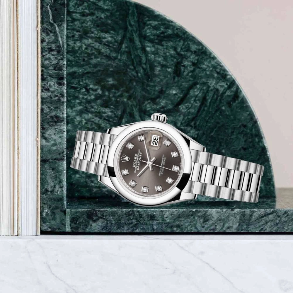 Rolex Lady-Datejust 28mm - Ref: 279166-0011 - Dark Grey Diamond Dial, Platinum President Bracelet Women's Watch
