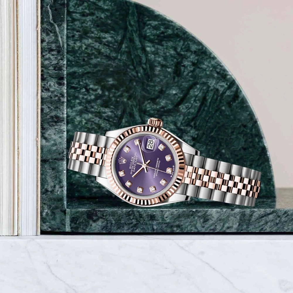 Rolex Lady-Datejust 28mm - Ref: 279171-0015 - Aubergine Purple Diamond Dial, Two Tone Stainless Steel & 18K Rose Gold Jubilee Bracelet Women's Watch