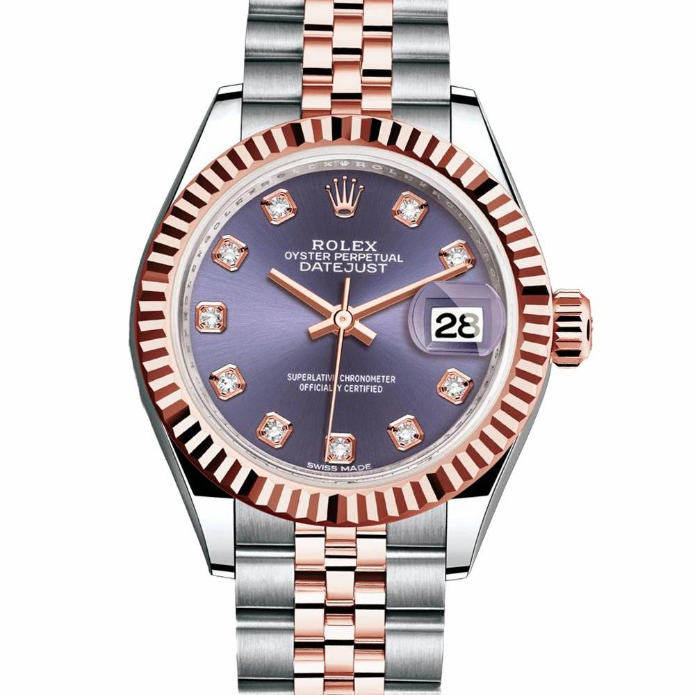 Rolex Lady-Datejust 28mm - Ref: 279171-0015 - Aubergine Purple Diamond Dial, Two Tone Stainless Steel & 18K Rose Gold Jubilee Bracelet Women's Watch