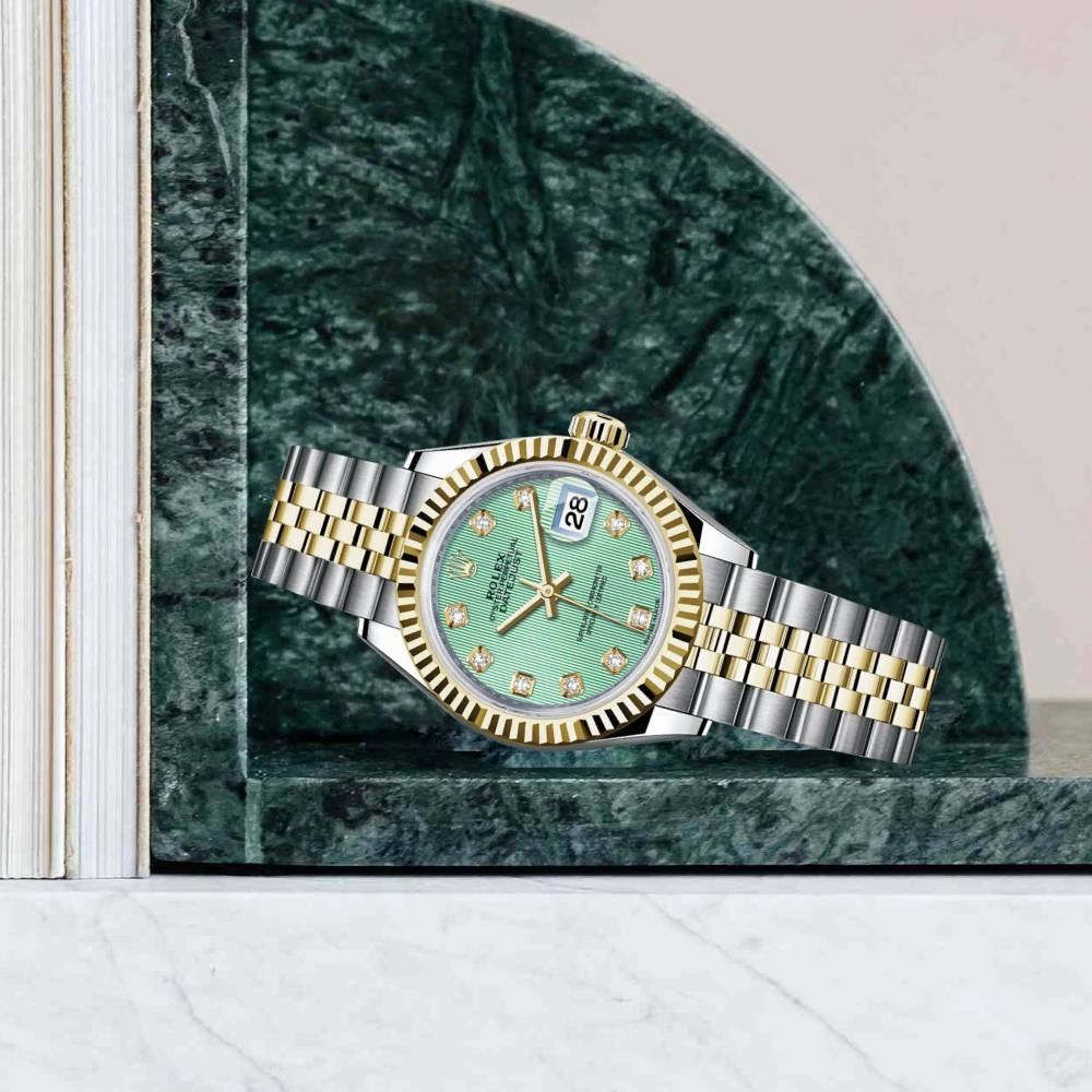Rolex Lady-Datejust 28mm - Ref: 279173-0015 - Mint Green Diamond Dial, Two Tone Stainless Steel & 18K Yellow Gold Jubilee Bracelet Women's Watch