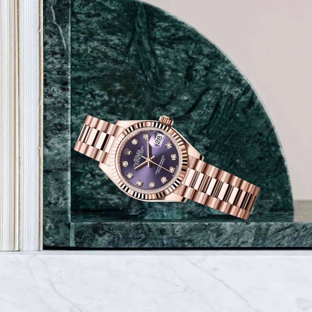 Rolex Lady Datejust 28mm - Ref: 279175-0019 - Aubergine Purple Diamond Dial, 18K Rose Gold President Bracelet Women's Watch