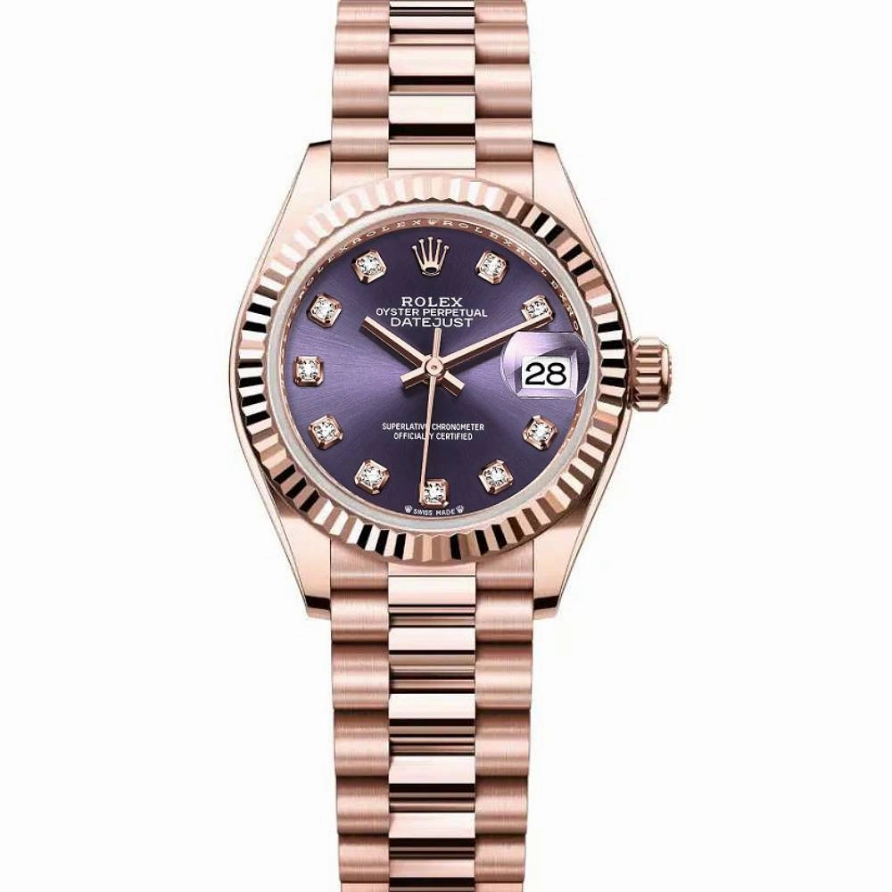 Rolex Lady Datejust 28mm - Ref: 279175-0019 - Aubergine Purple Diamond Dial, 18K Rose Gold President Bracelet Women's Watch