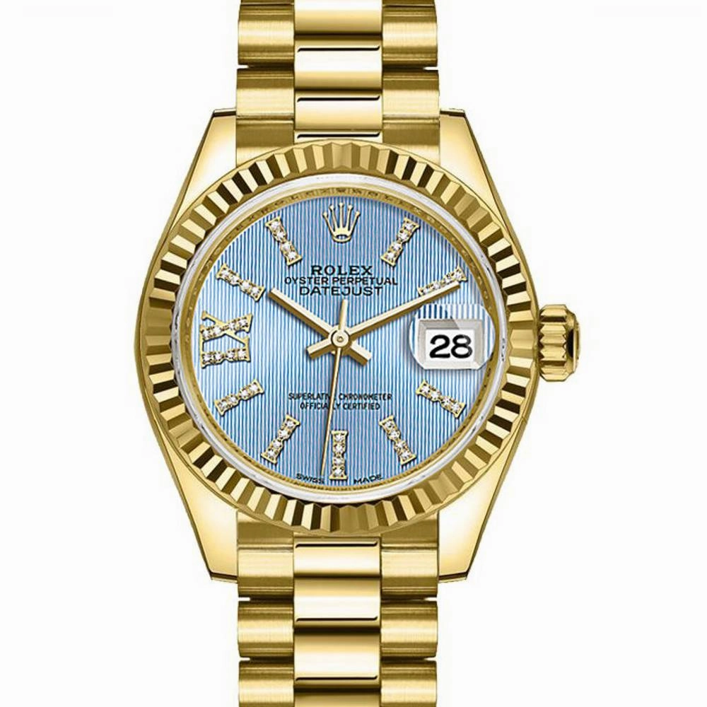 Rolex Lady-Datejust 28mm - Ref: 279178-0009 - Cornflower Blue  Diamond Dial, 18K Yellow Gold President Bracelet Women's Watch