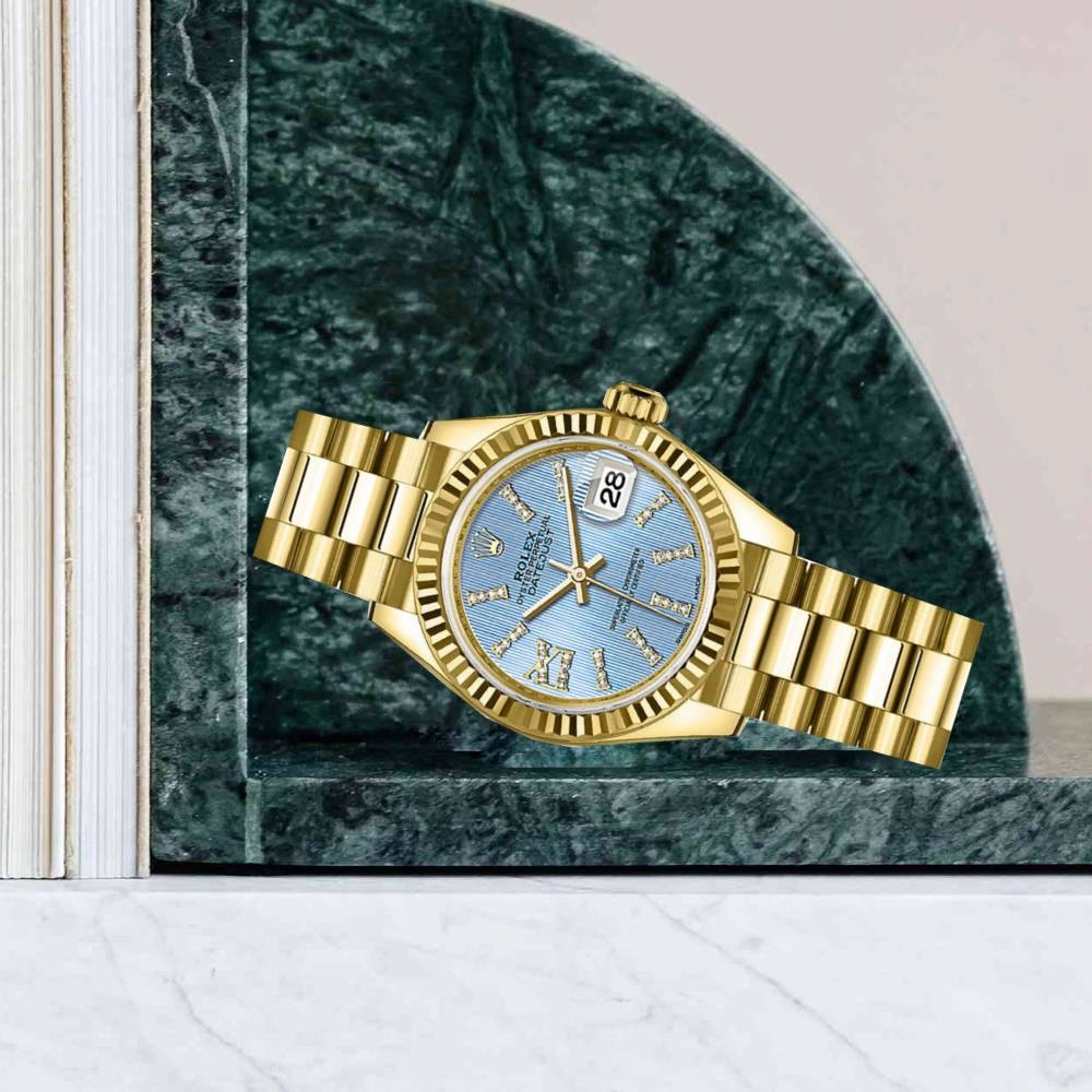 Rolex Lady-Datejust 28mm - Ref: 279178-0009 - Cornflower Blue  Diamond Dial, 18K Yellow Gold President Bracelet Women's Watch