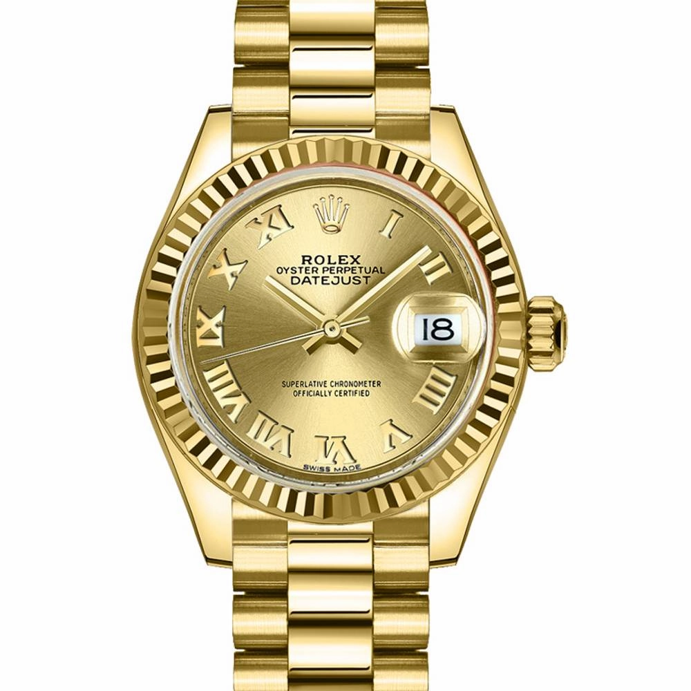 Rolex Lady Datejust 28mm - Ref: 279178-0022 - Champagne Dial, 18K Yellow Gold President Bracelet Women's Watch