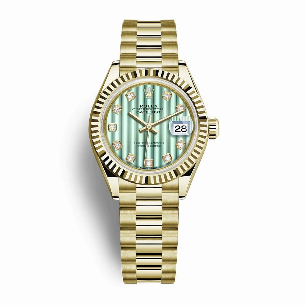 Rolex Lady Datejust 28mm - Ref: 279178-0027 - Green Dial, 18K Yellow Gold President Bracelet Women's Watch