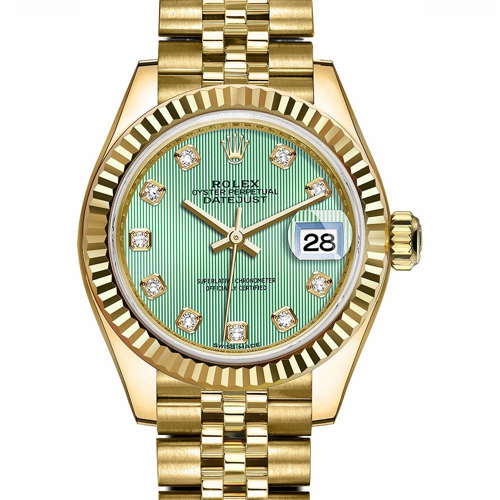 Rolex Lady Datejust 28mm - Ref: 279178-0027 - Green Dial, 18K Yellow Gold President Bracelet Women's Watch