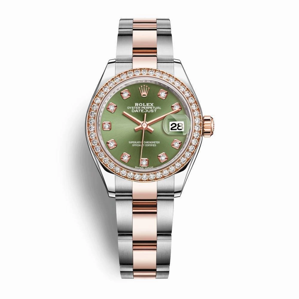 Rolex Lady-Datejust 28mm - Ref: 279381rbr-0008 - Olive Green Diamond Dial & Diamond Bezel, Two Tone Stainless Steel & 18K Rose Gold Oyster Bracelet Women's Watch