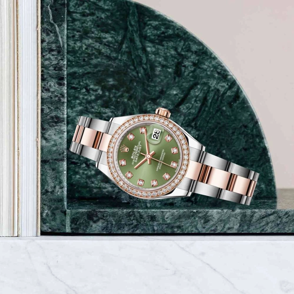 Rolex Lady-Datejust 28mm - Ref: 279381rbr-0008 - Olive Green Diamond Dial & Diamond Bezel, Two Tone Stainless Steel & 18K Rose Gold Oyster Bracelet Women's Watch