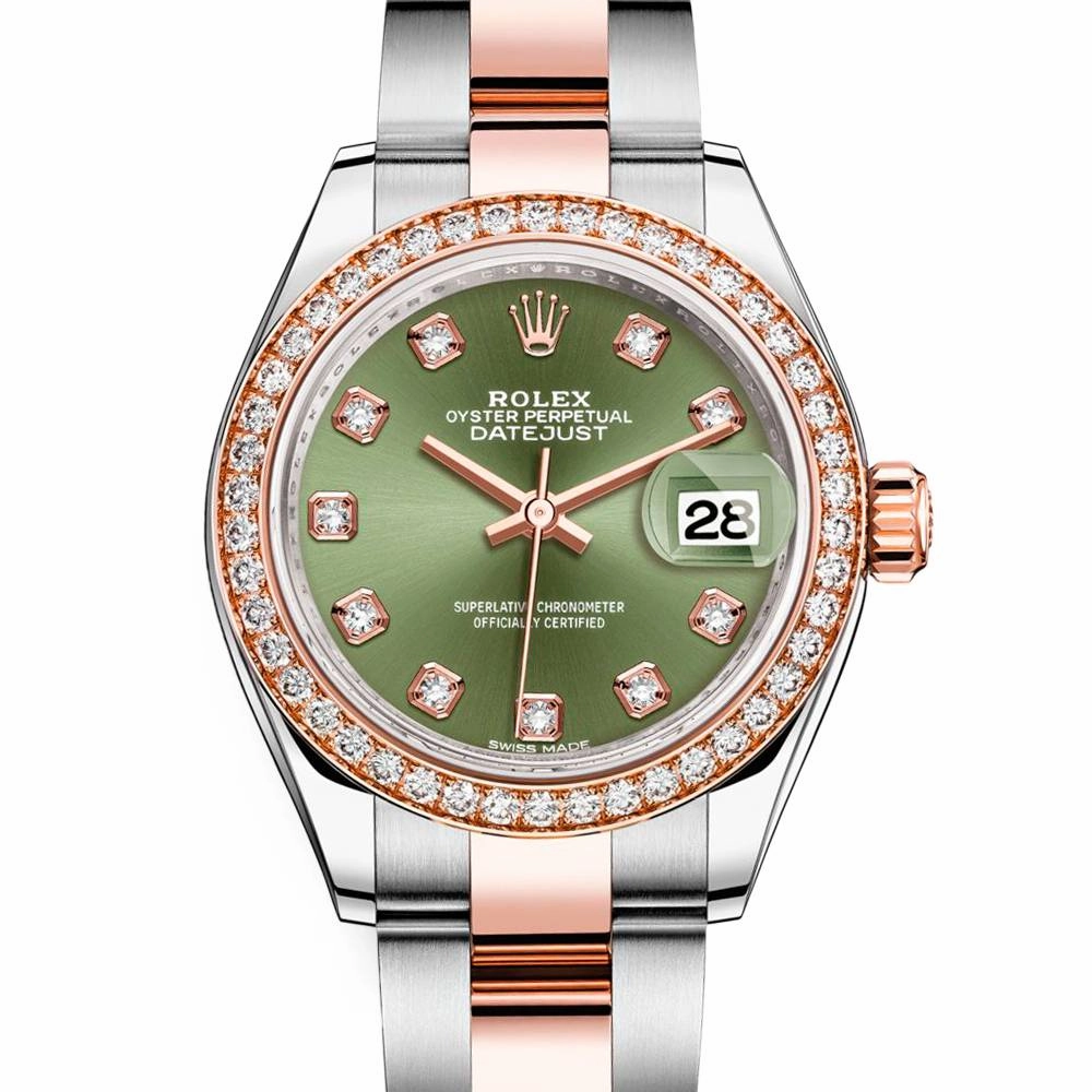 Rolex Lady-Datejust 28mm - Ref: 279381rbr-0008 - Olive Green Diamond Dial & Diamond Bezel, Two Tone Stainless Steel & 18K Rose Gold Oyster Bracelet Women's Watch