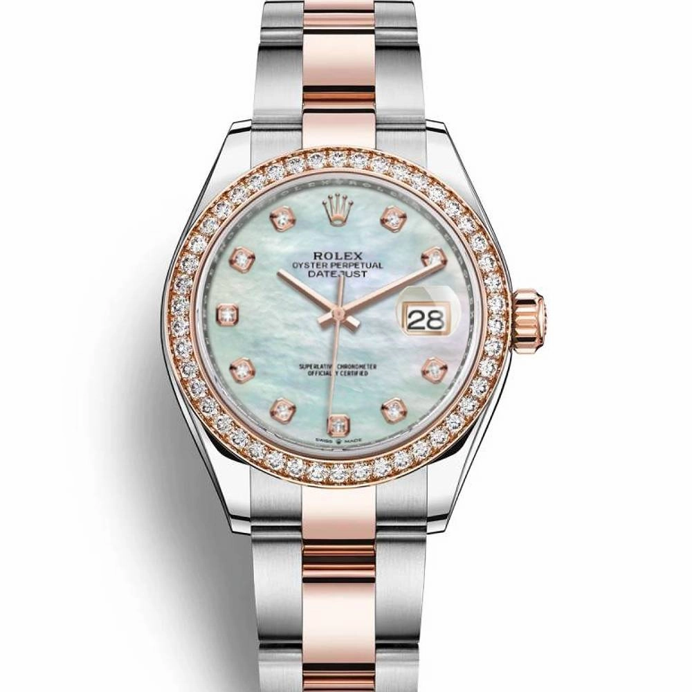 Rolex Lady-Datejust 28mm - Ref: 279381rbr-0014 - White Mother of Pearl Diamond Dial & Diamond Bezel, Two Tone Stainless Steel & 18K Rose Gold Oyster Bracelet Women's Watch