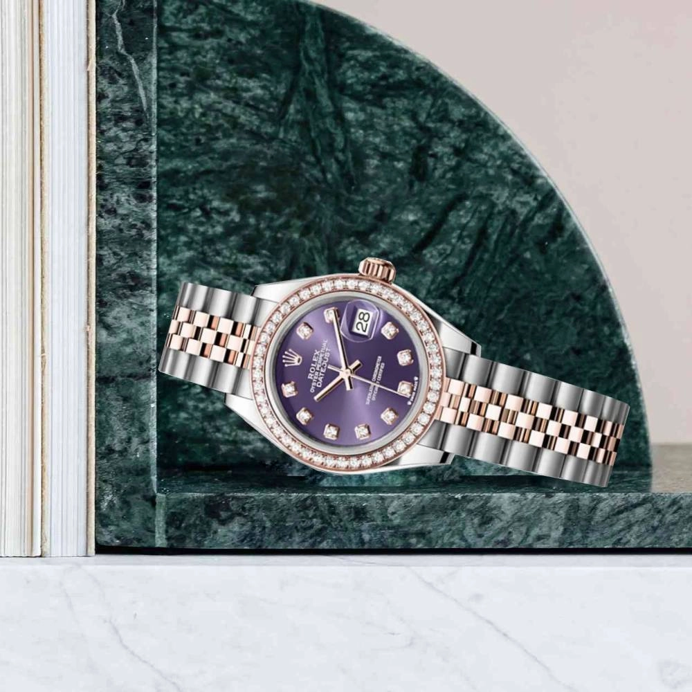 Rolex Lady-Datejust 28mm - Ref: 279381rbr-0015 - Aubergine Purple Diamond Dial & Diamond Bezel, Two Tone Stainless Steel & 18K Rose Gold Jubilee Bracelet Women's Watch