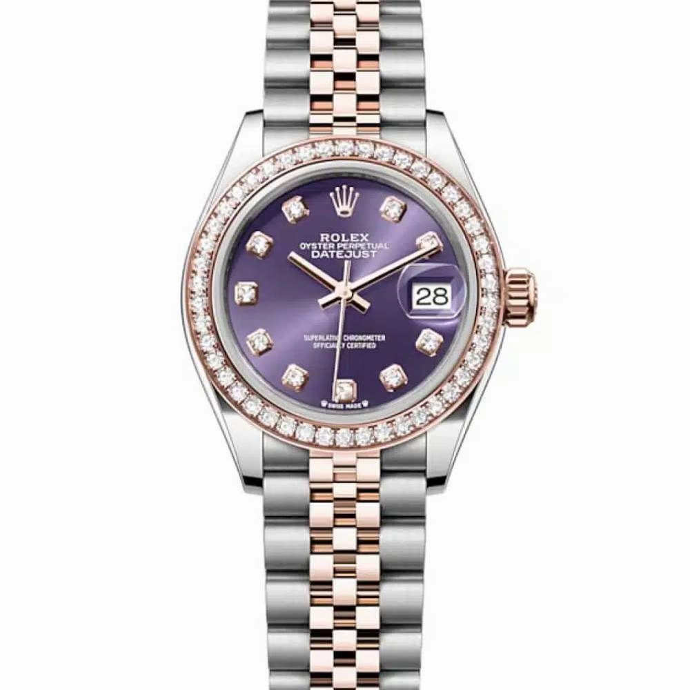 Rolex Lady-Datejust 28mm - Ref: 279381rbr-0015 - Aubergine Purple Diamond Dial & Diamond Bezel, Two Tone Stainless Steel & 18K Rose Gold Jubilee Bracelet Women's Watch