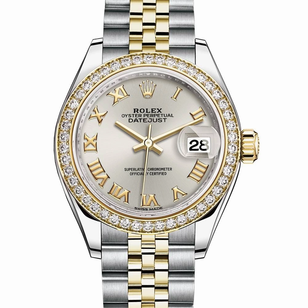 Rolex Lady-Datejust 28mm - Ref: 279383rbr-0005 - Silver Roman Dial & Diamond Bezel, Two Tone Stainless Steel & 18K Yellow Gold Jubilee Bracelet Women's Watch