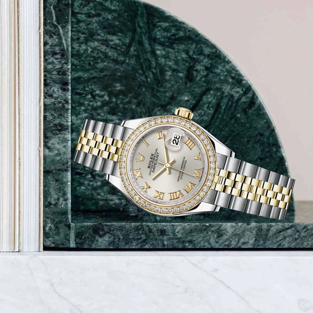 Rolex Lady-Datejust 28mm - Ref: 279383rbr-0005 - Silver Roman Dial & Diamond Bezel, Two Tone Stainless Steel & 18K Yellow Gold Jubilee Bracelet Women's Watch