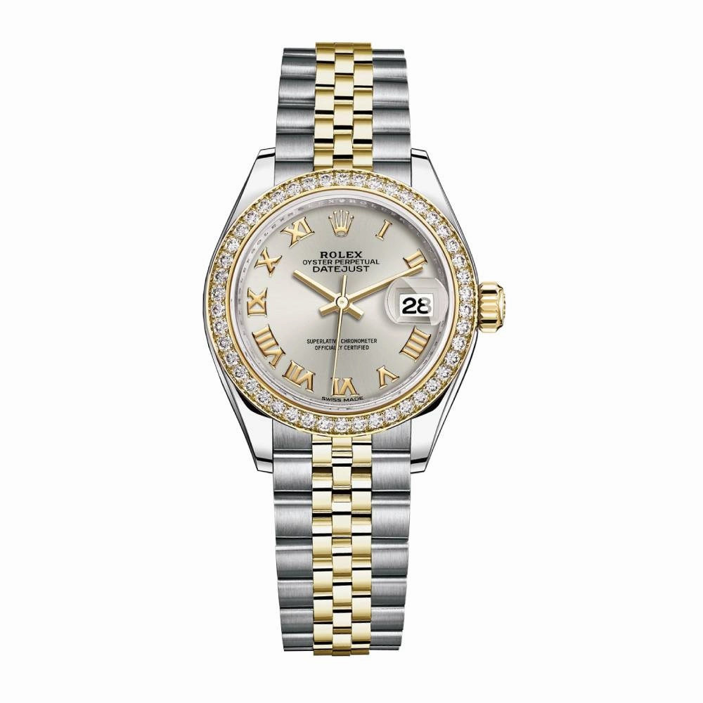 Rolex Lady-Datejust 28mm - Ref: 279383rbr-0005 - Silver Roman Dial & Diamond Bezel, Two Tone Stainless Steel & 18K Yellow Gold Jubilee Bracelet Women's Watch