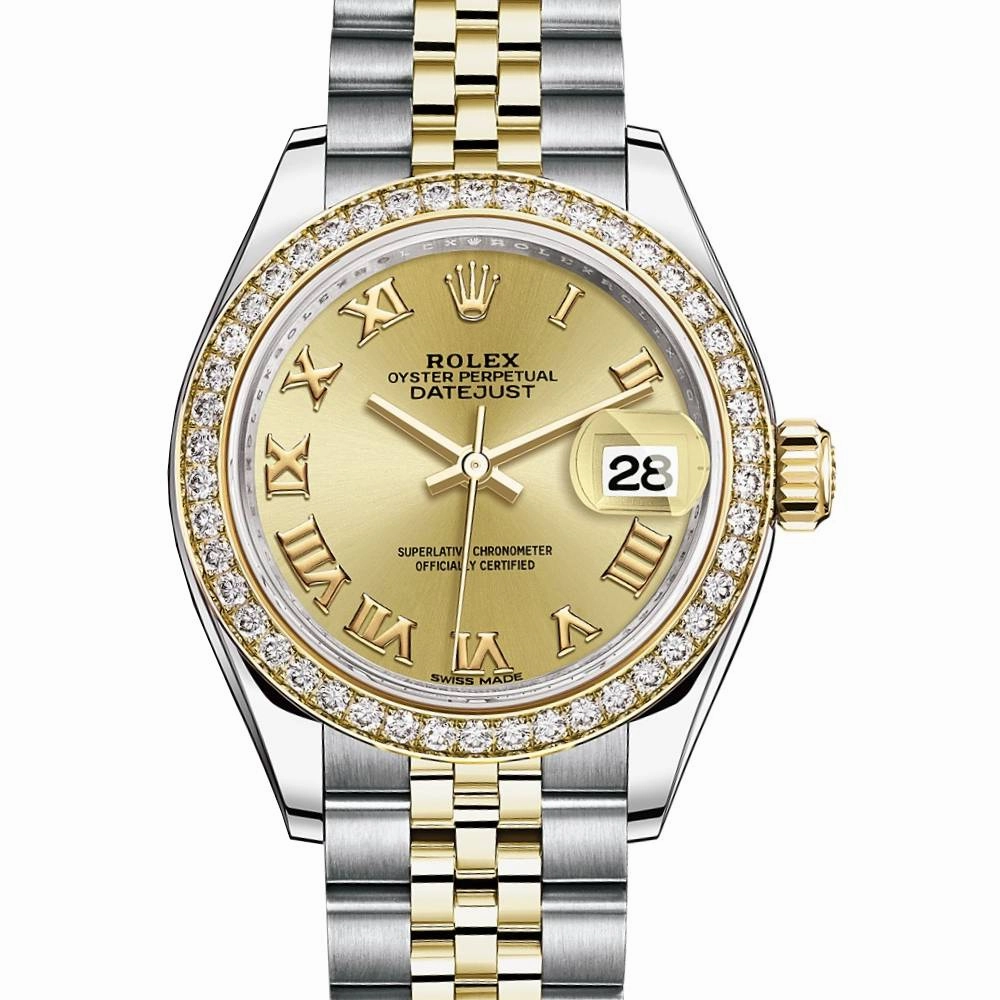 Rolex Lady-Datejust 28mm - Ref: 279383rbr-0009 - Champagne Roman Dial & Diamond Bezel, Two Tone Stainless Steel & 18K Yellow Gold Jubilee Bracelet Women's Watch