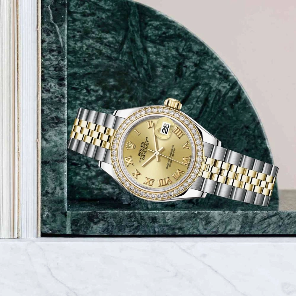 Rolex Lady-Datejust 28mm - Ref: 279383rbr-0009 - Champagne Roman Dial & Diamond Bezel, Two Tone Stainless Steel & 18K Yellow Gold Jubilee Bracelet Women's Watch