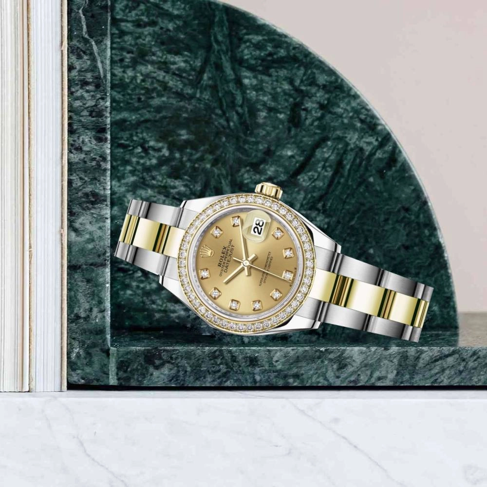 Rolex Lady-Datejust 28mm - Ref: 279383rbr-0012 - Champagne Diamond Dial & Diamond Bezel, Two Tone Stainless Steel & 18K Yellow Gold Oyster Bracelet Women's Watch