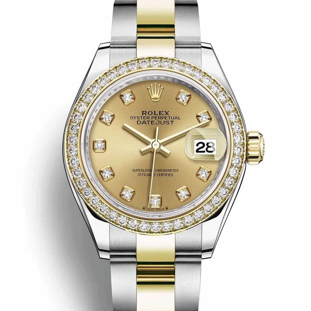 Rolex Lady-Datejust 28mm - Ref: 279383rbr-0012 - Champagne Diamond Dial & Diamond Bezel, Two Tone Stainless Steel & 18K Yellow Gold Oyster Bracelet Women's Watch