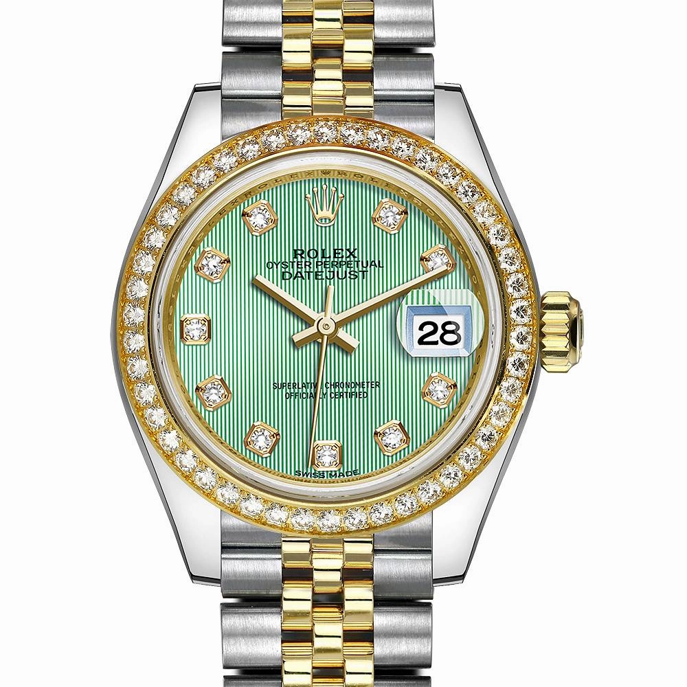 Rolex Lady-Datejust 28mm - Ref: 279383rbr-0013 - Mint Green Diamond Dial & Diamond Bezel, Two Tone Stainless Steel & 18K Yellow Gold Jubilee Bracelet Women's Watch