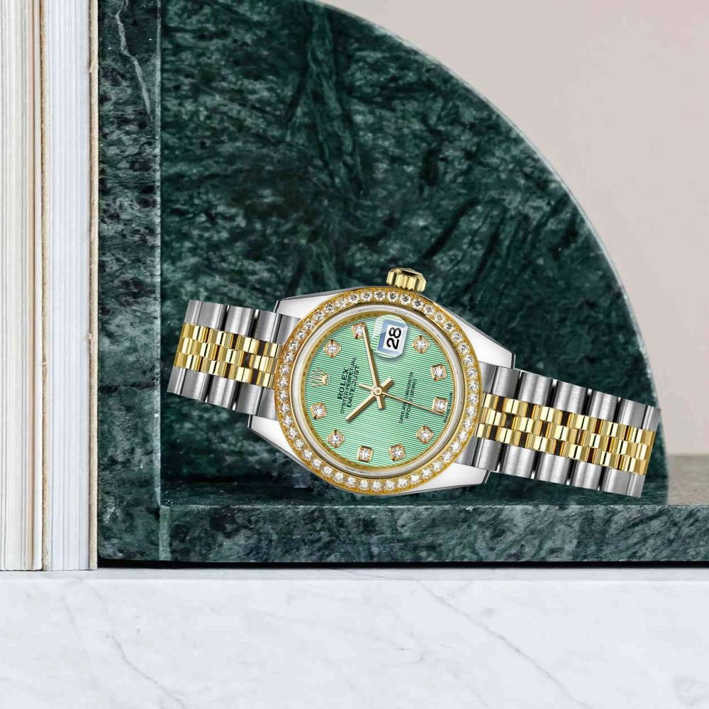 Rolex Lady-Datejust 28mm - Ref: 279383rbr-0013 - Mint Green Diamond Dial & Diamond Bezel, Two Tone Stainless Steel & 18K Yellow Gold Jubilee Bracelet Women's Watch
