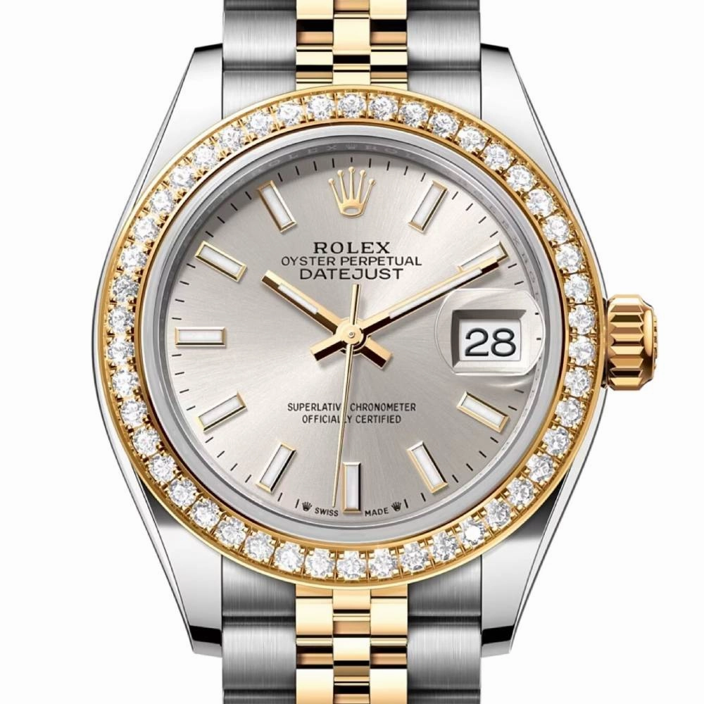 Rolex Lady-Datejust 28mm - Ref: 279383rbr-0017 - Silver Stick Dial & Diamond Bezel, Two Tone Stainless Steel & 18K Yellow Gold Jubilee Bracelet Women's Watch