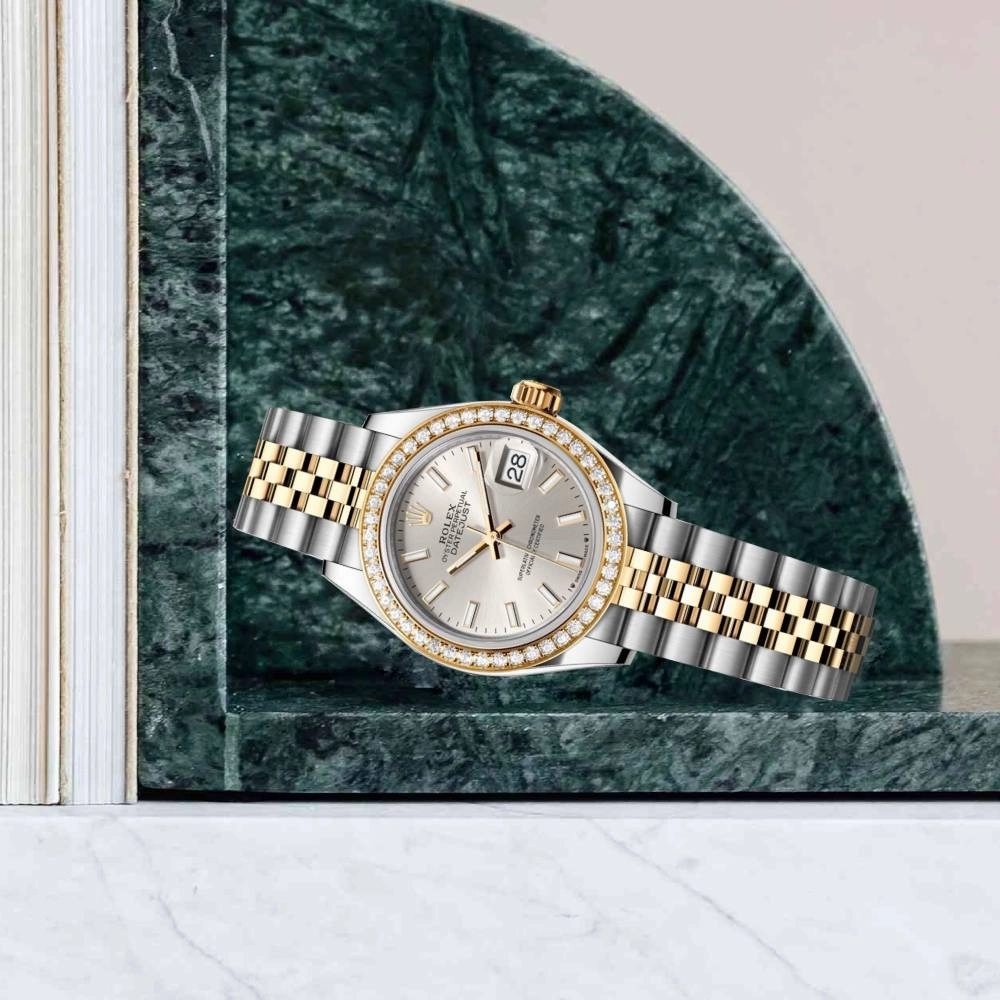 Rolex Lady-Datejust 28mm - Ref: 279383rbr-0017 - Silver Stick Dial & Diamond Bezel, Two Tone Stainless Steel & 18K Yellow Gold Jubilee Bracelet Women's Watch