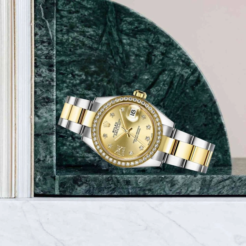 Rolex Lady-Datejust 28mm - Ref: 279383rbr-0022 - Champagne Diamond Dial & Diamond Bezel, Two Tone Stainless Steel & 18K Yellow Gold Oyster Bracelet Women's Watch