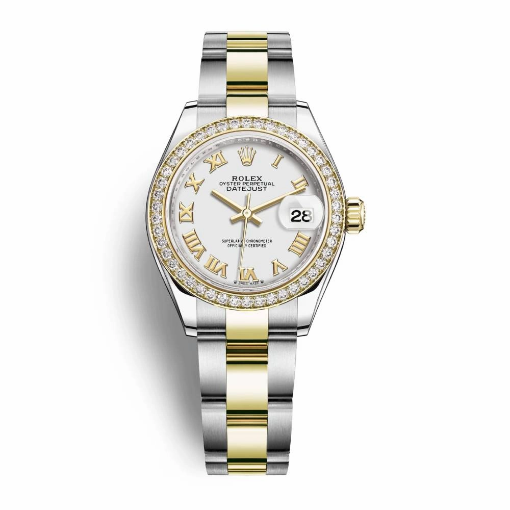 Rolex Lady-Datejust 28mm - Ref: 279383rbr-0024 - White Roman Dial & Diamond Bezel, Two Tone Stainless Steel & 18K Yellow Gold Oyster Bracelet Women's Watch