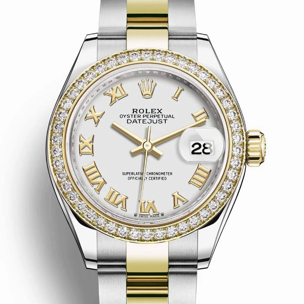 Rolex Lady-Datejust 28mm - Ref: 279383rbr-0024 - White Roman Dial & Diamond Bezel, Two Tone Stainless Steel & 18K Yellow Gold Oyster Bracelet Women's Watch