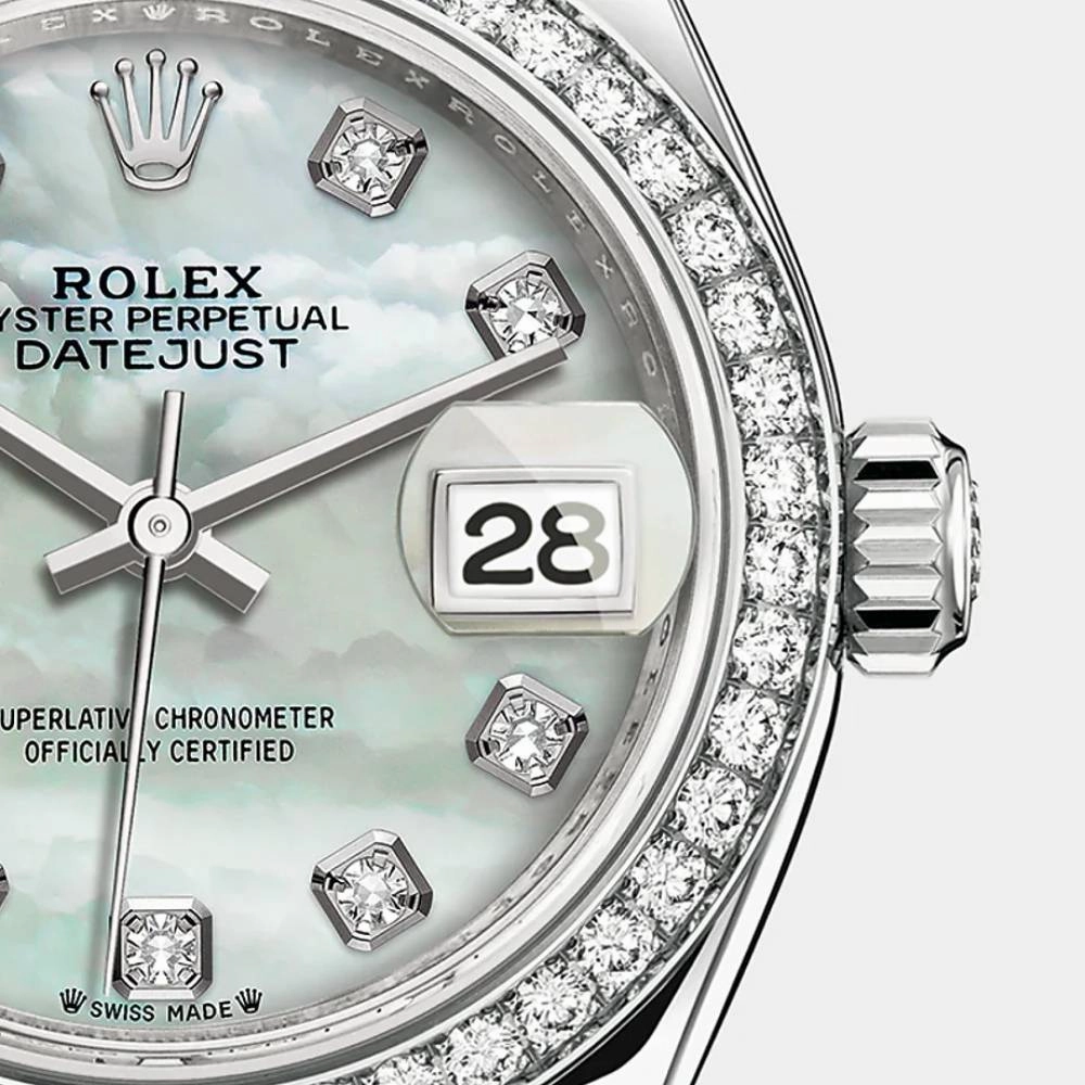Rolex Lady-Datejust 28mm - Ref: 279384rbr-0011 - White Mother of Pearl Diamond Dial & Diamond Bezel, Stainless Steel Jubilee Bracelet Women's Watch