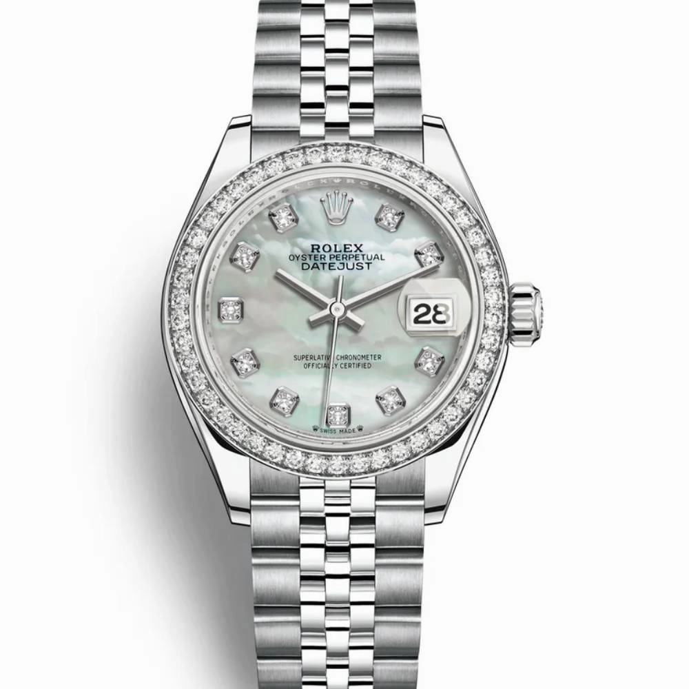 Rolex Lady-Datejust 28mm - Ref: 279384rbr-0011 - White Mother of Pearl Diamond Dial & Diamond Bezel, Stainless Steel Jubilee Bracelet Women's Watch
