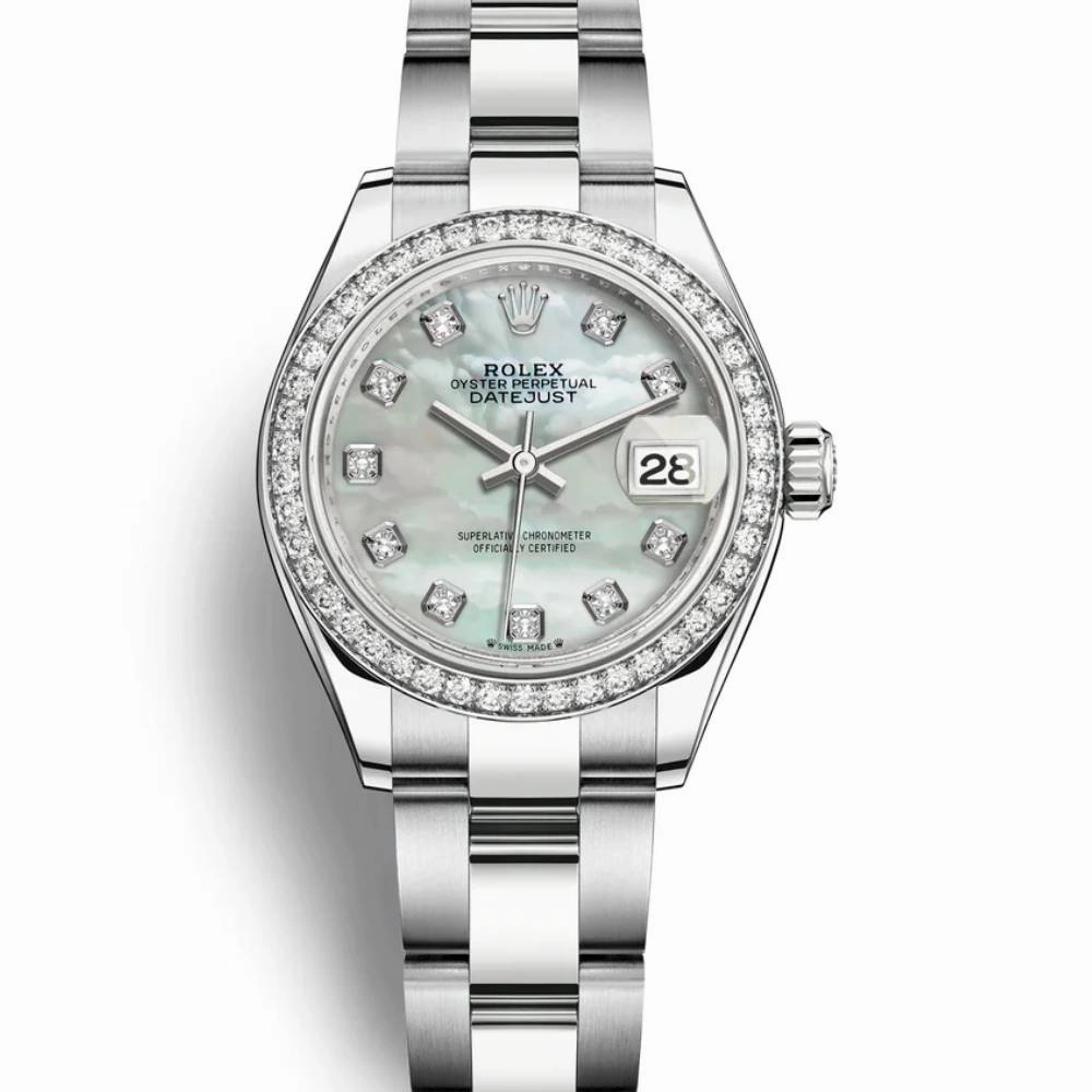 Rolex Lady-Datejust 28mm - Ref: 279384rbr-0012 - White Mother of Pearl Diamond Dial & Diamond Bezel, Stainless Steel Oyster Bracelet Women's Watch