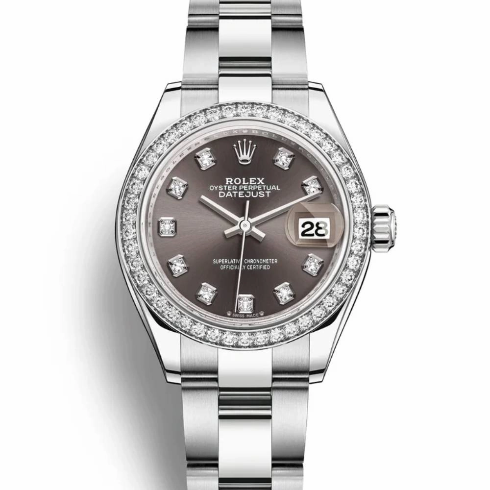 Rolex Lady-Datejust 28mm - Ref: 279384rbr-0018 - Dark Grey Diamond Dial & Diamond Bezel, Stainless Steel Oyster Bracelet Women's Watch