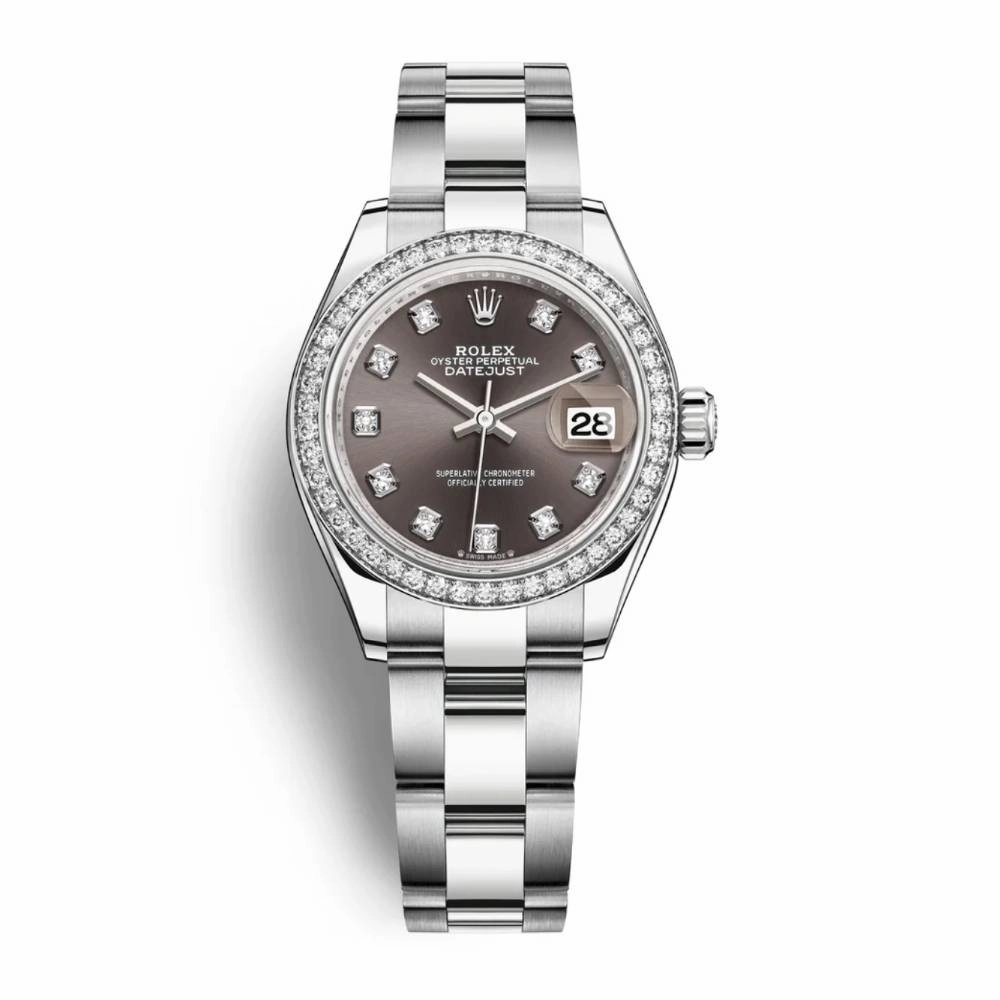 Rolex Lady-Datejust 28mm - Ref: 279384rbr-0018 - Dark Grey Diamond Dial & Diamond Bezel, Stainless Steel Oyster Bracelet Women's Watch